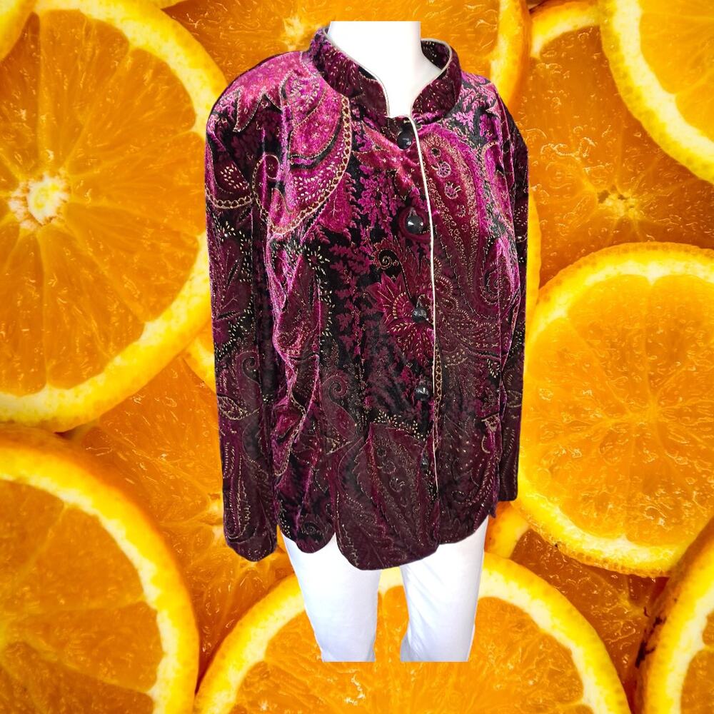 R&K Evenings‎ Velour Red Collarless Button Up Paisley Design Blouse Size:XL
